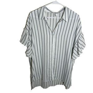 Nine West Blouse Women's XL V-Neck Sheer Button Up Short Sleeve Ruffle Top